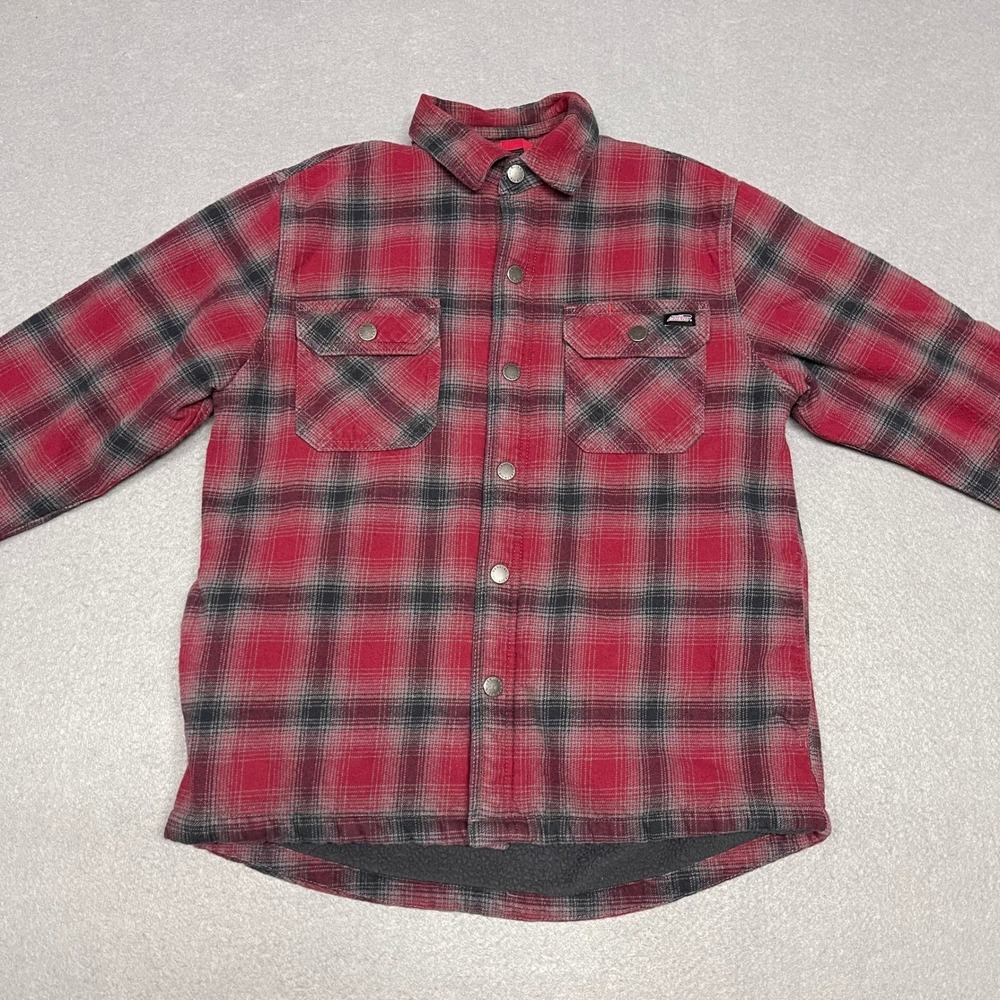 Dickies Shacket Mens Medium Red Shirt Jacket Plaid Fleece Lined Flannel Workwear